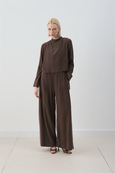 MİORİ MOTTE TAŞLANMIŞ MODAL PANTOLONLU TAKIM ACI KAHVE