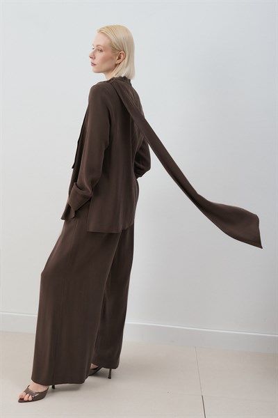 MİORİ MOTTE TAŞLANMIŞ MODAL PANTOLONLU TAKIM ACI KAHVE