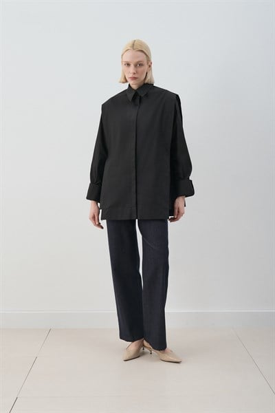 MİORİ PAT DETAYLI PREMIUM POPLİN GÖMLEK SİYAH