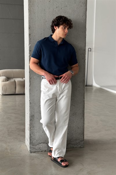 Erkek %100 Pamuk Düğmeli Polo Yaka T-Shirt Lacivert