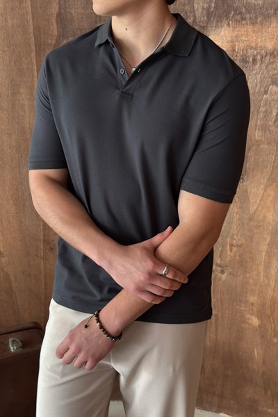 Erkek %100 Pamuk Düğmeli Polo Yaka T-Shirt Antrasit