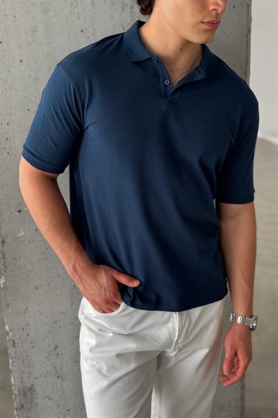 Erkek %100 Pamuk Düğmeli Polo Yaka T-Shirt Lacivert