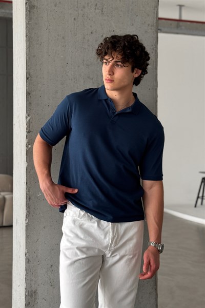 Erkek %100 Pamuk Düğmeli Polo Yaka T-Shirt Lacivert