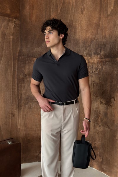 Erkek %100 Pamuk Düğmeli Polo Yaka T-Shirt Antrasit