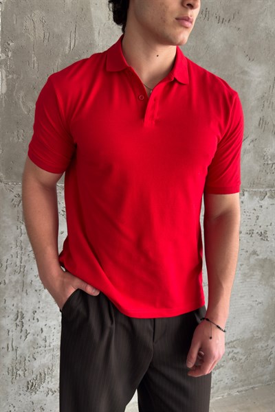 Erkek %100 Pamuk Düğmeli Polo Yaka T-Shirt Kırmızı