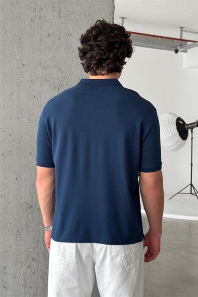 Erkek %100 Pamuk Düğmeli Polo Yaka T-Shirt Lacivert