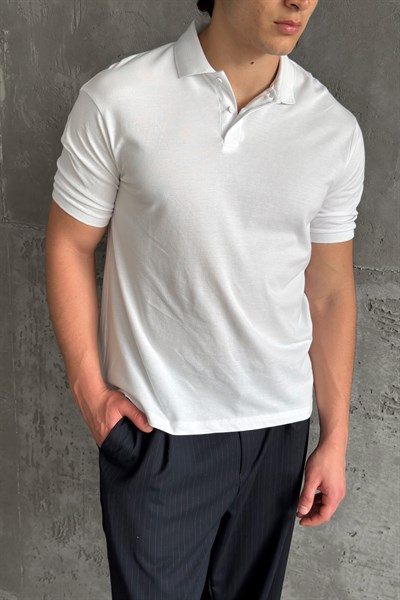 Erkek %100 Pamuk Düğmeli Polo Yaka T-Shirt Beyaz