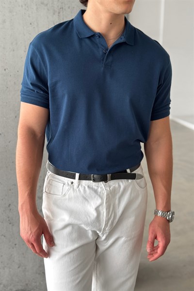 Erkek %100 Pamuk Düğmeli Polo Yaka T-Shirt Lacivert