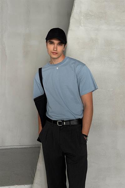 Erkek %100 Pamuk Oversize Basic T-shirt Açık Mavi