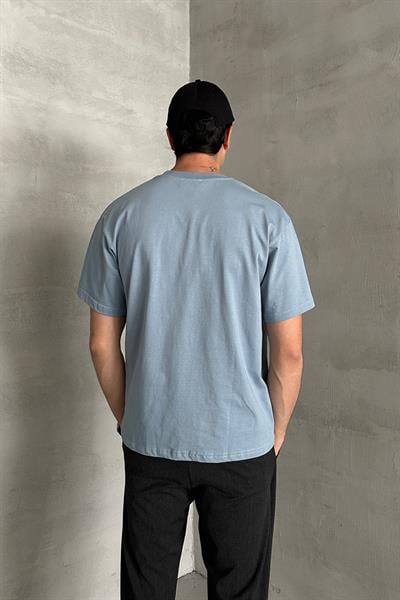 Erkek %100 Pamuk Oversize Basic T-shirt Açık Mavi