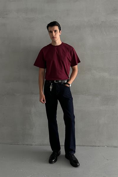 Erkek %100 Pamuk Oversize Basic T-shirt Bordo