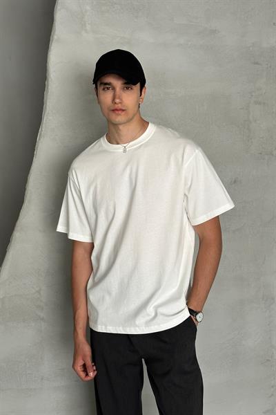 Erkek %100 Pamuk Oversize Basic T-shirt Beyaz