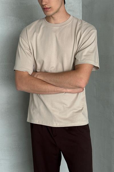 Erkek %100 Pamuk Oversize Basic T-shirt Bej