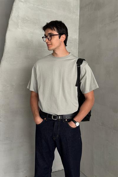 Erkek %100 Pamuk Oversize Basic T-shirt Gri