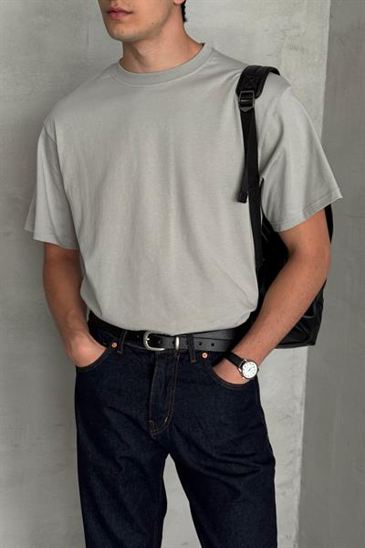 Erkek %100 Pamuk Oversize Basic T-shirt Gri