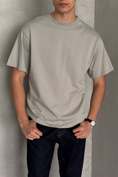 Erkek %100 Pamuk Oversize Basic T-shirt Gri