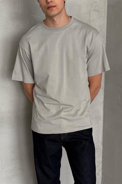 Erkek %100 Pamuk Oversize Basic T-shirt Gri