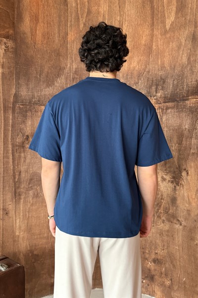 Erkek %100 Pamuk Oversize Basic T-shirt İndigo