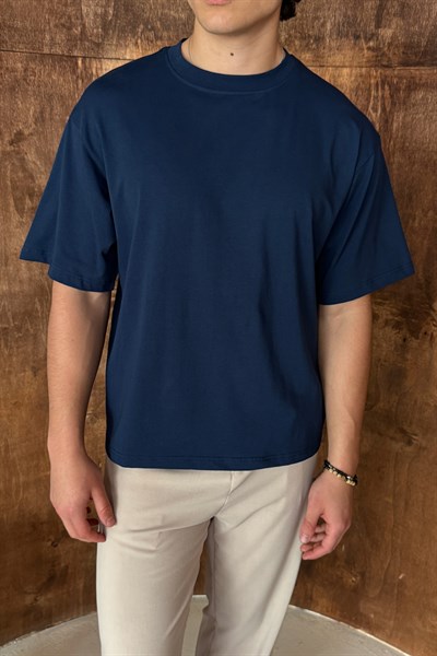 Erkek %100 Pamuk Oversize Basic T-shirt İndigo