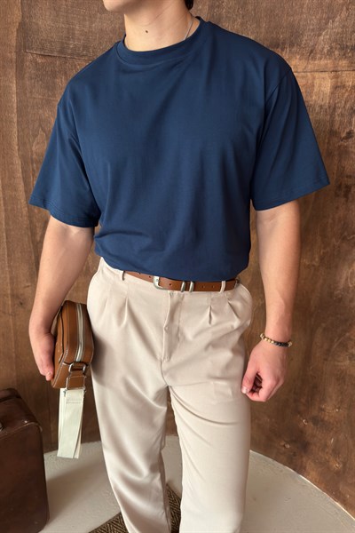 Erkek %100 Pamuk Oversize Basic T-shirt İndigo