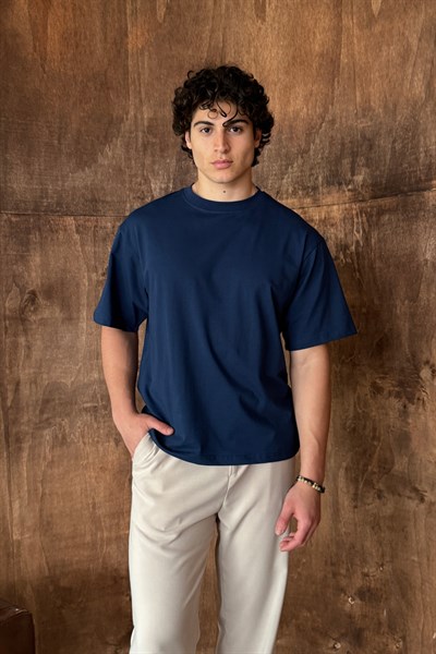 Erkek %100 Pamuk Oversize Basic T-shirt İndigo