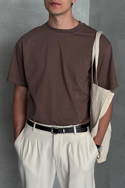 Erkek %100 Pamuk Oversize Basic T-shirt Kahverengi