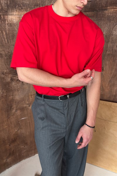 Erkek %100 Pamuk Oversize Basic T-shirt Kırmızı