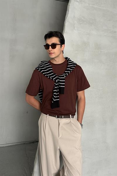 Erkek %100 Pamuk Oversize Basic T-shirt Koyu Kahve