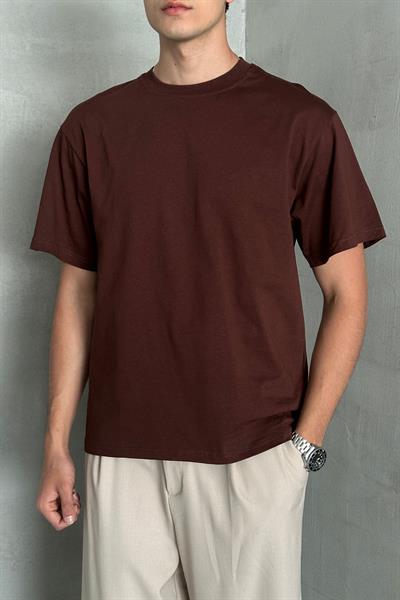 Erkek %100 Pamuk Oversize Basic T-shirt Koyu Kahve