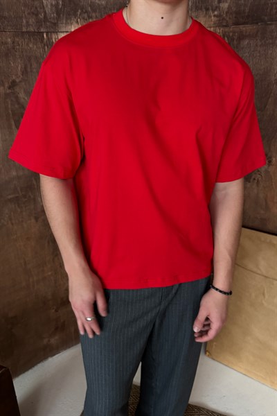 Erkek %100 Pamuk Oversize Basic T-shirt Kırmızı