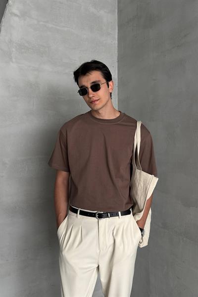 Erkek %100 Pamuk Oversize Basic T-shirt Kahverengi