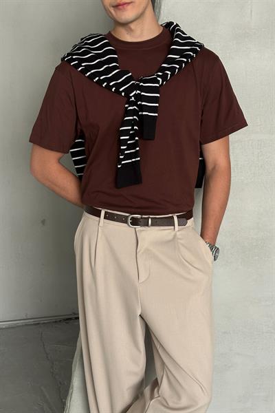 Erkek %100 Pamuk Oversize Basic T-shirt Koyu Kahve