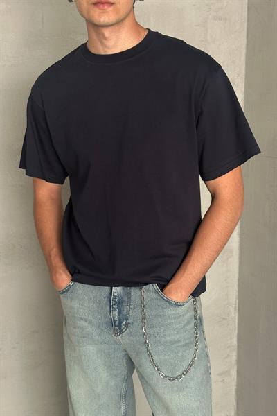 Erkek %100 Pamuk Oversize Basic T-shirt Lacivert