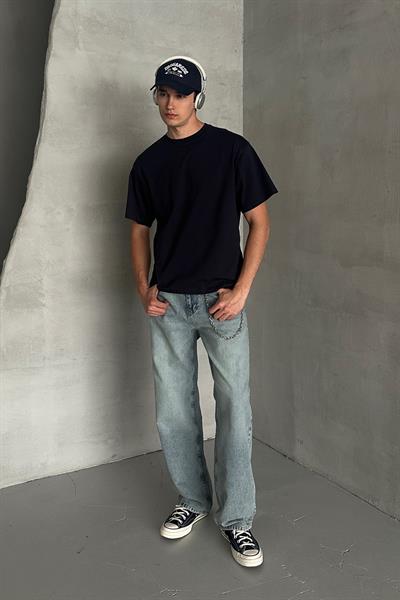 Erkek %100 Pamuk Oversize Basic T-shirt Lacivert