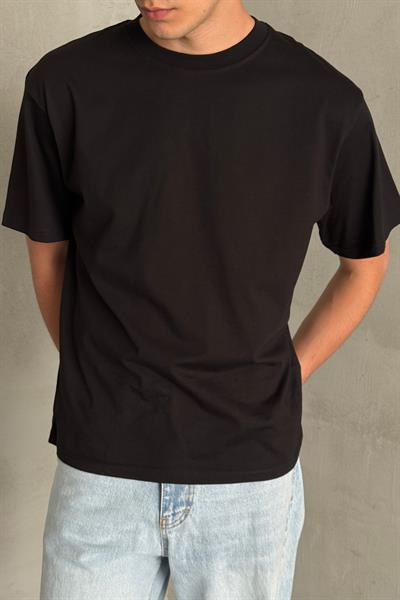 Erkek %100 Pamuk Oversize Basic T-shirt Siyah