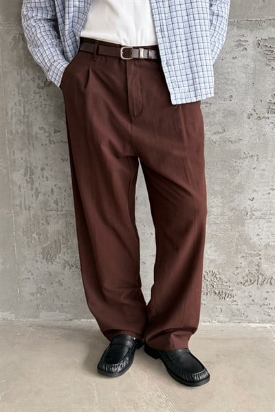 Erkek Baggy Fit Gabardin Kumaş Pantolon Kahverengi