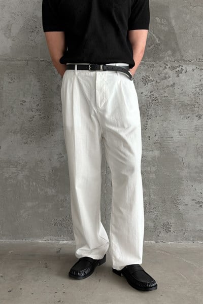 Erkek Baggy Fit Gabardin Kumaş Pantolon Beyaz