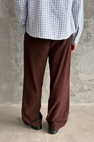 Erkek Baggy Fit Gabardin Kumaş Pantolon Kahverengi