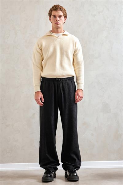 Erkek Beli Lastikli Baggy Kalıp Kadife Pantolon SİYAH