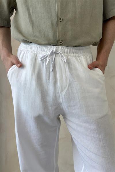 Erkek Beli Lastikli Baggy Kalıp Keten Pantolon Beyaz