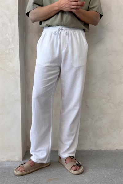 Erkek Beli Lastikli Baggy Kalıp Keten Pantolon Beyaz