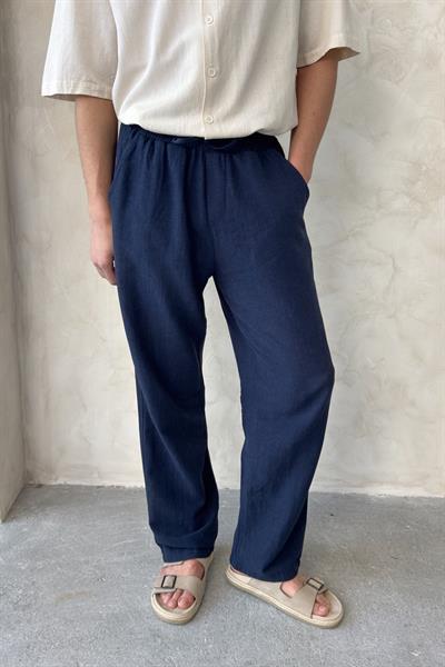 Erkek Beli Lastikli Baggy Kalıp Keten Pantolon Lacivert