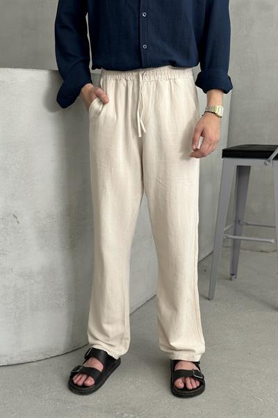 Erkek Beli Lastikli Baggy Kalıp Keten Pantolon Bej