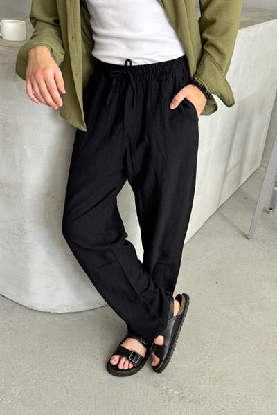 Erkek Beli Lastikli Baggy Kalıp Keten Pantolon Siyah