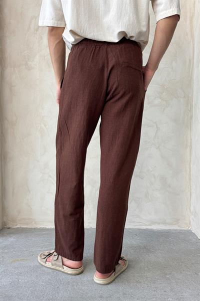 Erkek Beli Lastikli Baggy Kalıp Keten Pantolon Kahverengi