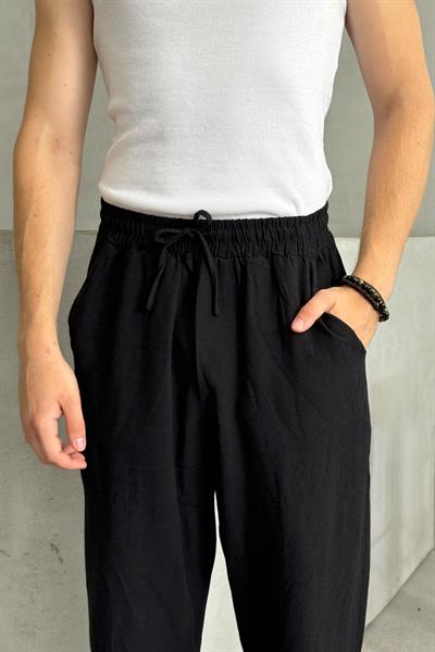 Erkek Beli Lastikli Baggy Kalıp Keten Pantolon Siyah