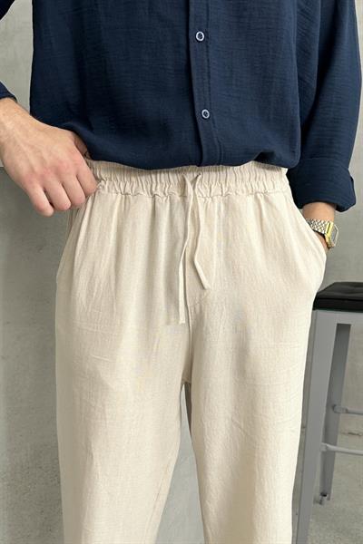 Erkek Beli Lastikli Baggy Kalıp Keten Pantolon Bej