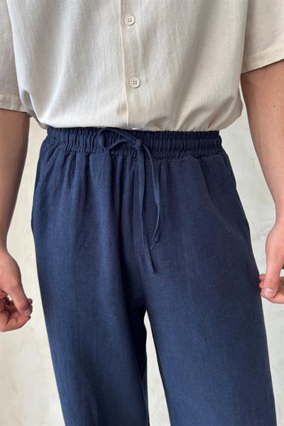 Erkek Beli Lastikli Baggy Kalıp Keten Pantolon Lacivert