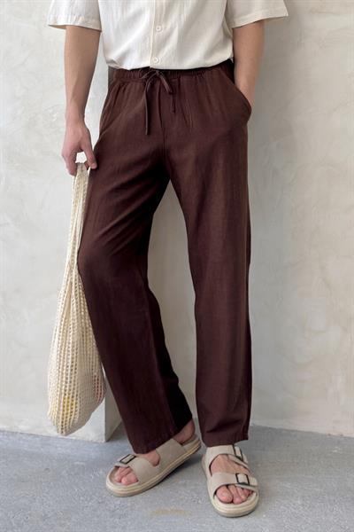 Erkek Beli Lastikli Baggy Kalıp Keten Pantolon Kahverengi