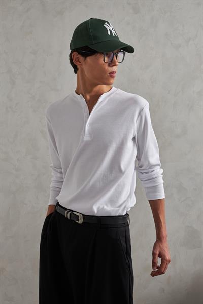 Erkek Henley Yaka Düğmeli Penye Bluz Beyaz